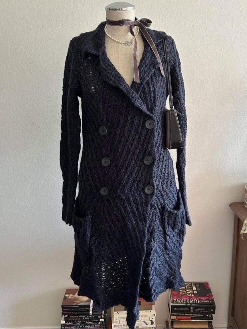 VTG Y2K Free People Wool Alpaca Blend Crochet Cardigan Navy Blue Hippie Boho